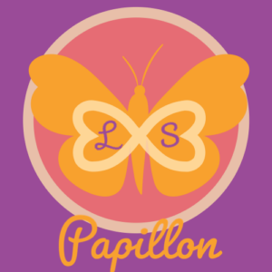 Papillon LS logo. Oransje sommerfugl på lilla bakgrunn